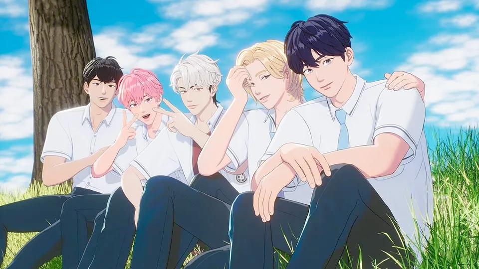 Five futuristic iols sitting in a line on the grass